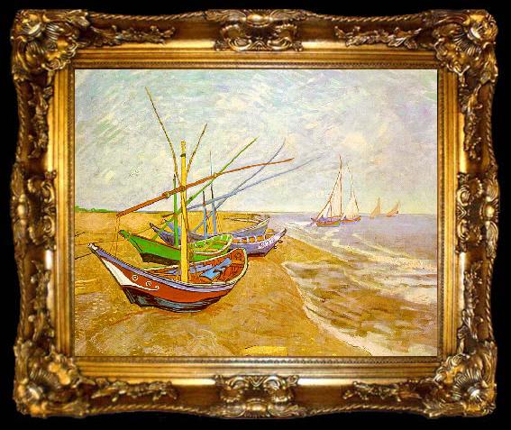 framed  Vincent Van Gogh Fishing Boats on the Beach at Saintes-Maries, ta009-2